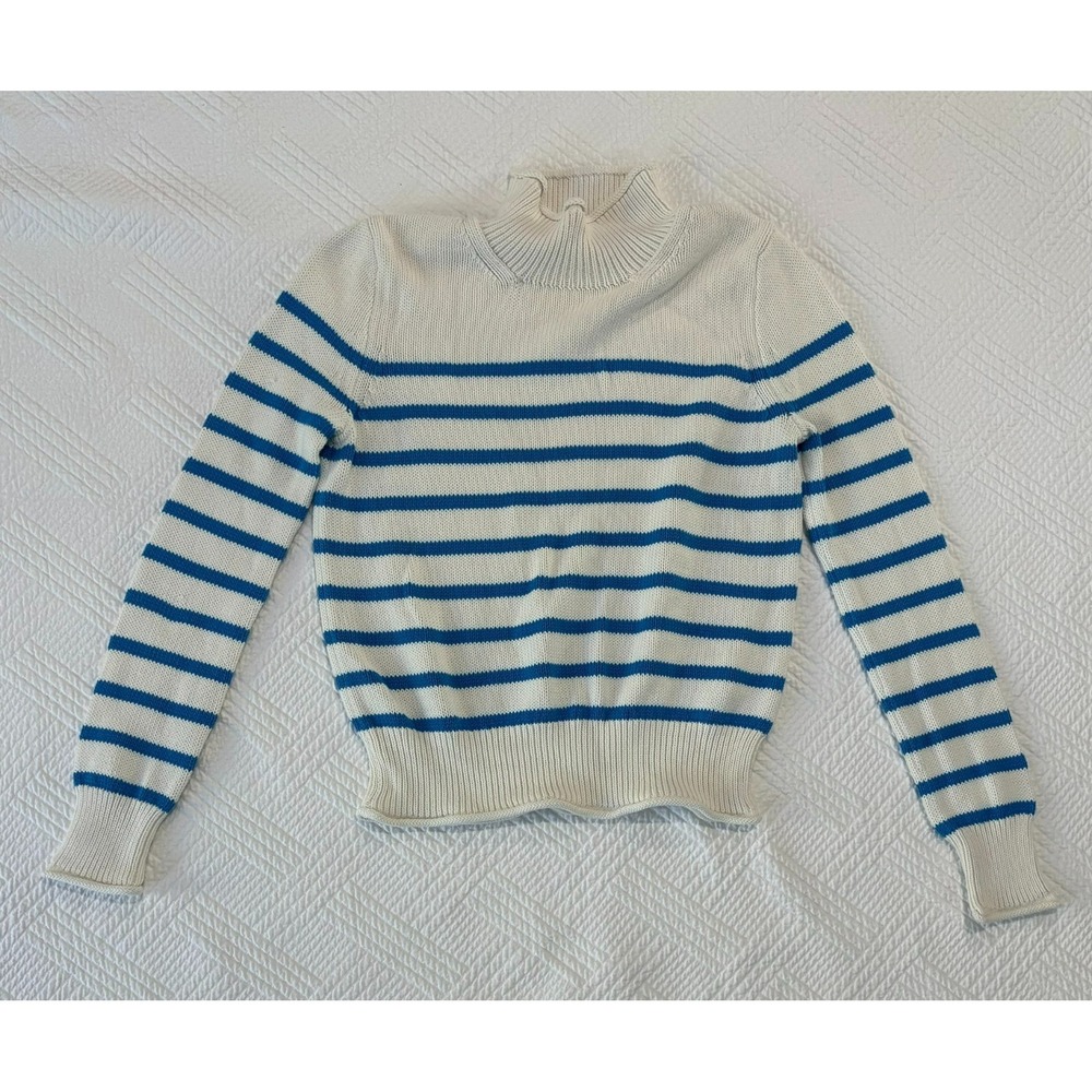 J Crew Women's Sweater XS Knit Nautical Preppy Striped White Blue Rolled Hem